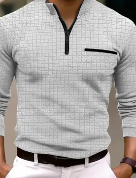 Spring autumn men's golf POLO shirt stand collar checkerboard arm zipper pocket fashion sports long-sleeved polo shirt top - Aliexpress - FashionsVida