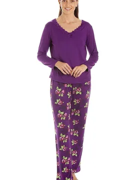 Women's Lightweight Floral Print Spandex Pyjama Set in Purple Size: 10-12 - Purple - Size: 10-12 - Camille - FashionsVida