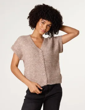 Button Front Knitted Short Sleeved Cardigan - 18/20 / MOCHA - female - Blue Vanilla - FashionsVida