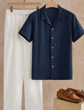 Conjunto de camisa de manga corta casual y pantalones para hombre, adecuado para uso diario, conjunto de 2 piezas, verano, atuendos cómodos, vacacion - Shein - FashionsVida