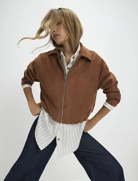 Womens Jacket Bomber Tan Faux Suede Bubble Hem - Size Small - River Island - FashionsVida