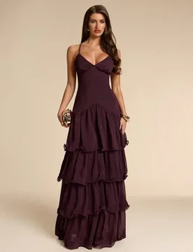Vestido elegante de verano de color morado berenjena sólido con cuello halter, espalda con lazo, volantes en el bajo, vestido de fiesta, vestido rom? - Shein - FashionsVida