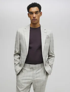 Mens Suit Jacket Beige Skinny Fit Stretch Check Collared - Size 40 (Chest) - River Island - FashionsVida