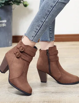 Botas de tobillo de tacón grueso para mujer otoño/invierno, zapatos casuales con hebilla y cremallera lateral, botas de tobillo cómodas, calzado/za - Shein - FashionsVida