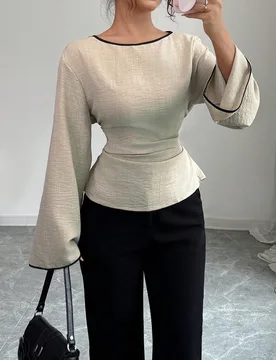 Blusa de moda con cuello redondo, puños con volantes y mangas acampanadas plisadas para mujer L - Shein - FashionsVida