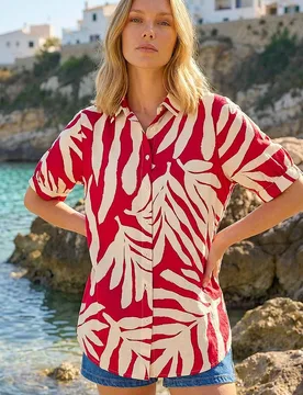 Women's Abstract Print Collared Shirt in Red Size: 16 - Red - Size: 16 - Roman - FashionsVida