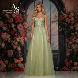 Green strapless sleeveless A-line floor-length formal evening dress with beaded fishbone embroidery