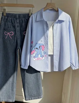 Conjunto de camisa de manga larga a rayas azules y jeans sueltos azul claro para niñas jóvenes en primavera/otoño, atuendo casual dulce, adecuado p - Shein - FashionsVida