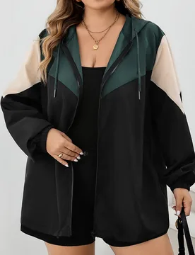 Chaqueta con capucha de manga larga con cremallera y bloques de color tejida Otoño Invierno 2026 Talla Grande 22W Vuelta al Cole 7XL - Shein - FashionsVida