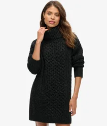 Superdry Damen Strickkleid mit Rollkragen und Zopfmuster Schwarz - Größe: 36