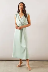 Women's Satin Wrap Gauged Dress in Mint Size: 12 - Mint - Size: 12
