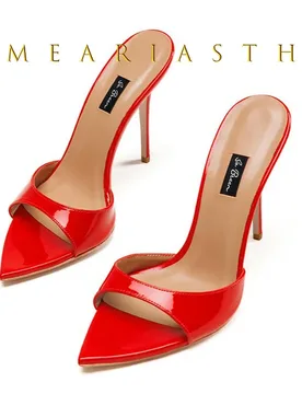 Red patent leather women high heel mule shoes flip flop slippers ponited peep toe casual ladies slip on slides comfortable shoes - Aliexpress - FashionsVida