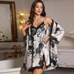Conjunto de pijama con camisola de satén con estampado floral y encaje, y bata con cinturón, ropa de otoño e invierno XS