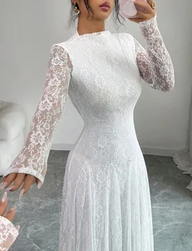 Vestido midi de encaje floral de cuello alto y manga larga, vestido maxi con cintura ajustada y falda plisada para mujer XXS - Shein - FashionsVida