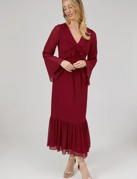 Womens By Coast Kimono Sleeve Tiered Hem Georgette Midi Dress - Red - Size 10 Uk - Debut London - FashionsVida
