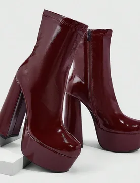 Botas de tobillo de plataforma con tacón grueso, puntera cuadrada, elásticas y minimalistas, con cremallera lateral, impermeables, de color rojo vin - Shein - FashionsVida