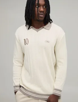 Mens Tall Regular Fit V Neck Ribbed Knitted Polo - Ecru - Size Small - boohooMAN - FashionsVida