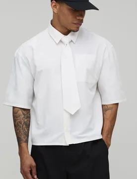 Mens Oversized Boxy Half Sleeve Shirt And Tie - White Cotton - Size X-Large - boohooMAN - FashionsVida