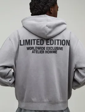 Mens Oversized Boxy Limited Edition Washed Raised Text Zip Through Hoodie - Charcoal Cotton - Size X-Large - boohooMAN - FashionsVida