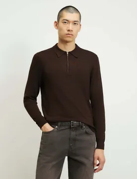 Slim Fit Half Zip Long Sleeve Polo Shirt Brown male - River Island - FashionsVida