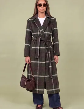 Women's Check Belted Coat in Green Size: 14 - Green - Size: 14 - Urban Bliss - FashionsVida