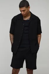 Herren Übergroßes Hemd Und Entspannte Mittelllange Plissierte Shorts Set Black Größe XL