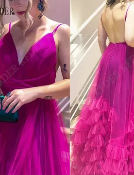 Plum Purple Maxi Tiered A Line Prom Gowns Tulle Pleated Party Gown Floor Length V Neck Evening Dress vestidos de gala Customized - Aliexpress - FashionsVida