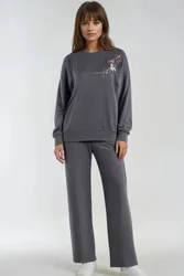Womens Embroidered Crew Neck Sweatshirt & Straight Leg Pants Two-Piece Set - Dark Grey - Size Medium