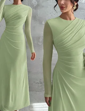 Vestido elegante maduro vintage verde salvia para mujer, unicolor, malla, cuello redondo, manga larga, plisado, línea A, para cena de otoño, boda y - Shein - FashionsVida