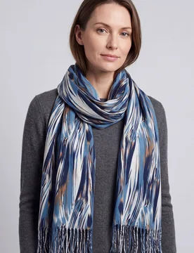 Women's Lightweight Artistic Feather-Inspired Scarf with Fringe Edges in Blue - Blue - Size: One Size - Vellin - FashionsVida