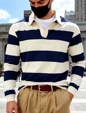 Men's wide horizontal striped rugby shirt - long sleeves, V-neck, loose and retro casual fall daily street pullover shirt - Aliexpress - FashionsVida