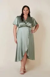 Florence Waterfall Dress in Sage Green Satin - 22