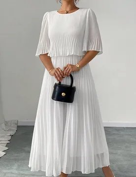 Vestido elegante de mujer de talla grande de unicolor, de gasa y con pliegues, para primavera/verano 4XL - Shein - FashionsVida