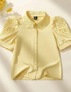 Blusas de otoño para niñas preadolescentes, blusa de manga corta de verano para niñas, blusa de manga corta con cuello de encaje y encaje floral 3D - Shein - FashionsVida
