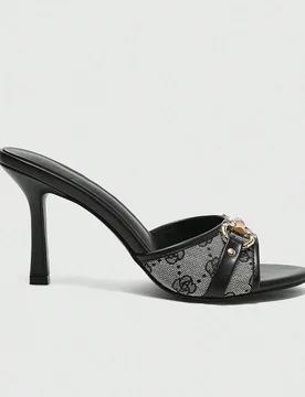 Sandalias de tacón alto cómodas con puntera redonda, combinación de color en contraste y hebilla dorada de tono en PU negro EUR42 - Shein - FashionsVida