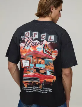 Herren Schwarzes Übergroßes Autokino-Print Spray-Waschung T-Shirt Washed Black Größe XS - boohooMAN - FashionsVida