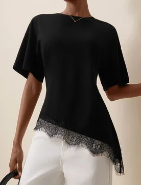 Blusa casual y versátil de uso diario con aplicaciones de encaje y bajo asimétrico para mujer M - Shein - FashionsVida