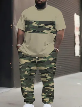 Conjunto a juego de talla grande para hombres en caqui y camuflaje, top de manga corta de corte holgado y pantalones con cordón, estilo casual de car - Shein - FashionsVida