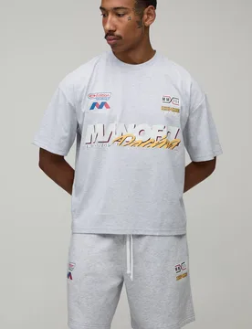 Herren Übergroßes Kastenförmiges Herren-Moto-Druck-T-Shirt & Weite Shorts Im Set Grey Marl Größe XL - boohooMAN - FashionsVida