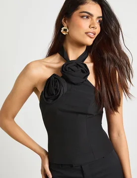 Womens Crepe Twist Rose Detail Halterneck Top - Black - Size 8 Uk - Boohoo - FashionsVida
