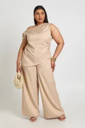 Womens Plus Woven Elasticated Wide Leg Trouser - Beige - Size 24 Uk
