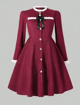 Vestido mini elegante vintage para niñas preadolescentes con cuello con volantes, botones delanteros, decoración de lazo, manga larga, ajuste ceñid - Shein - FashionsVida