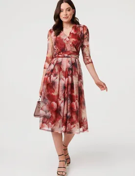 Women's Floral 3/4 Sleeve Mesh Midi Wrap Dress in Red Size: 14 - Red - Size: 14 - Izabel London - FashionsVida