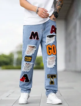 Hombres Jeans con parche de letra desgarro crudo con parche - Shein - FashionsVida