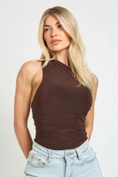 Womens Ruched One Shoulder Mesh Panel Bodysuit - Chocolate Elastane - Size 14 Uk
