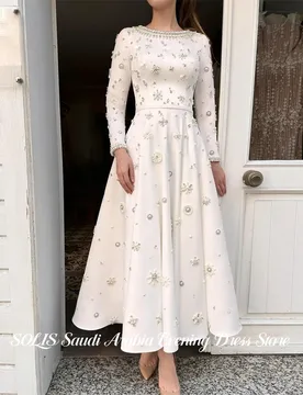 SOLIS Ivory Evening Gown O Neck Prom Dress with Pearls Wedding Evening Dresses A Line robes de soirée Ankle Length Customized - Aliexpress - FashionsVida