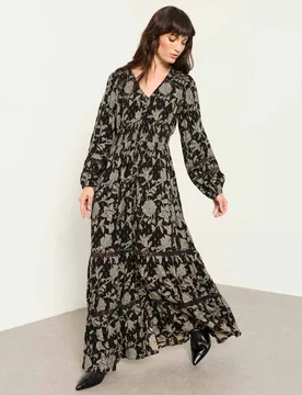 Jacquard Floral V-Neck Maxi Waisted Dress Black Mix female - Fatface - FashionsVida