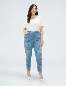Jeans de mujer barrel con bordado floral cierre con botones y cremallera delante y elástico en la cintura detrás - Fiorella Rubino - FashionsVida