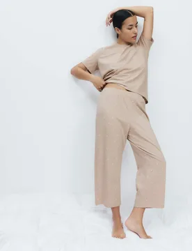 Cotton Rich Printed Cropped Pyjama Set Neutral female - M&S - FashionsVida
