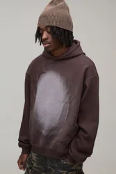 Mens Oversized Boxy Spray Wash Star Applique Hoodie - Chocolate Cotton - Size Small